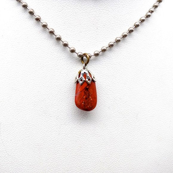 Natural Tumbled Stone Pendant Necklace, Vintage Boho Red Jasper on Silver Tone - Picture 1 of 4